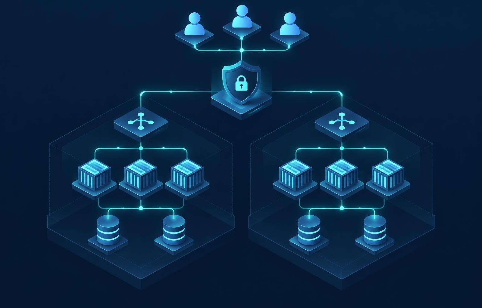 Reference cloud architecture showing users connecting through a secure gateway to load-balanced application containers and databases across two availability zones