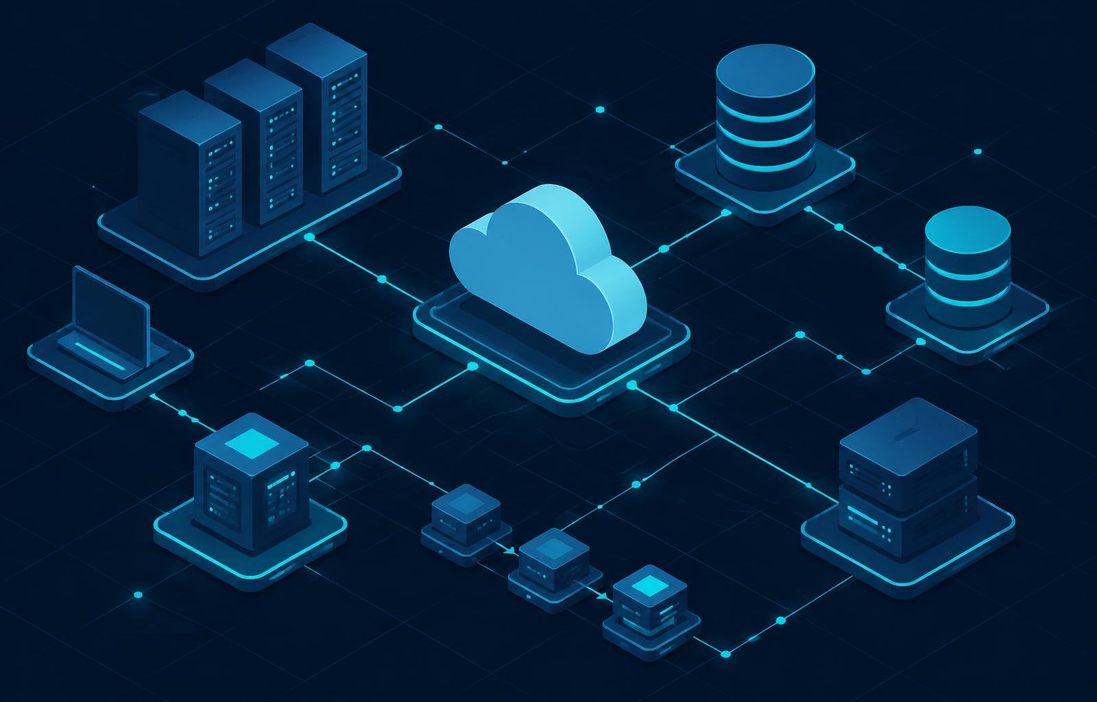 Isometric system architecture diagram showing cloud services, databases, and application nodes connected by glowing data pipelines